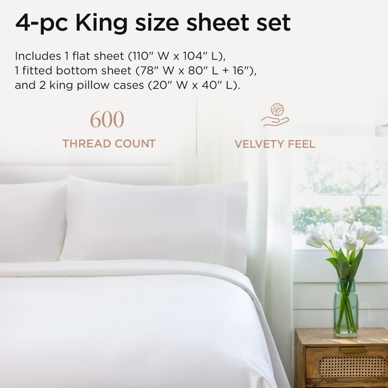 Threadmill 100% Cotton Sheets for King Size Bed - 600 Thread Count King Bed Sheets Set with 16â€ Deep Pocket - Sateen Weave 4-Piece Bedding Set with Cooling Effect, White - Image 2